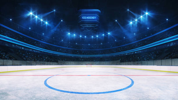 Ice hockey rink and illuminated indoor arena with fans, middle circle view professional ice hockey sport 3D render illustration background ice rink stock pictures, royalty-free photos & images