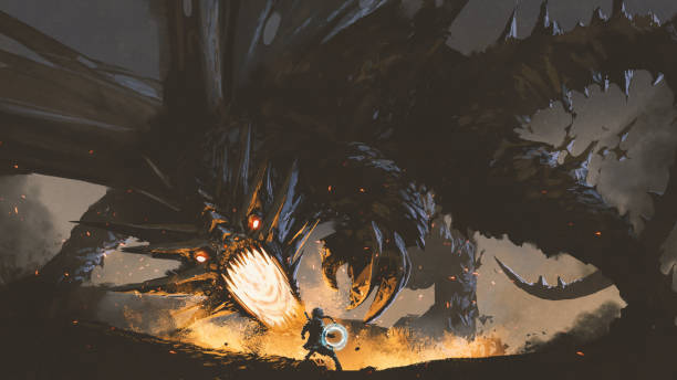 the girl fighting the legendary dragon fantasy scene showing the girl fighting the fire dragon, digital art style, illustration painting dreamlike illustrations stock illustrations
