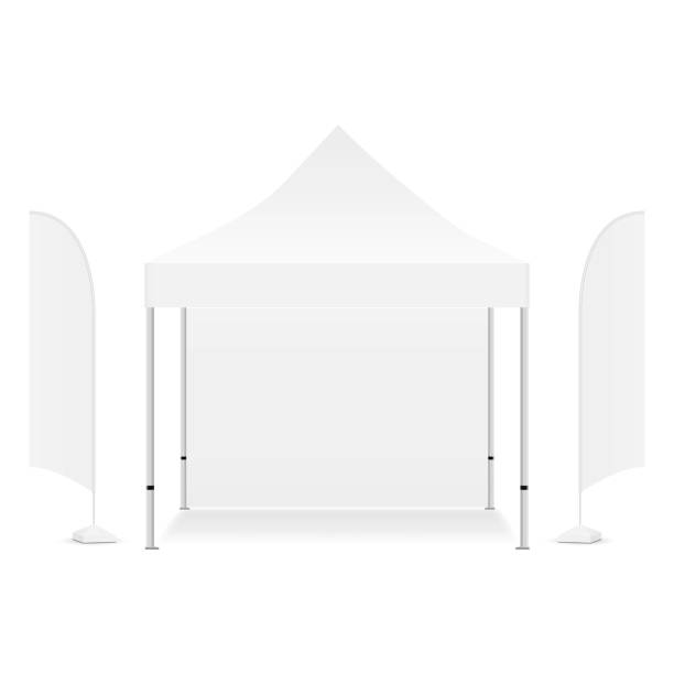 Square promotional canopy tent with two advertising flags Square promotional canopy tent with two advertising flags, isolated on white background. Vector illustration feather flag stock illustrations