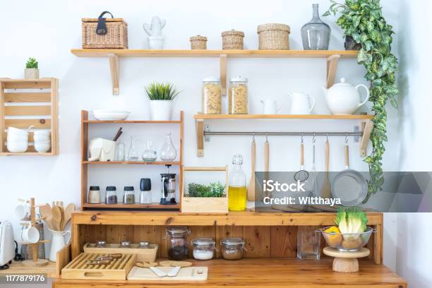 Interior Of Kitchen Brown Retro Desk Stock Photo - Download Image Now - Bar Counter, Residential Building, Apartment