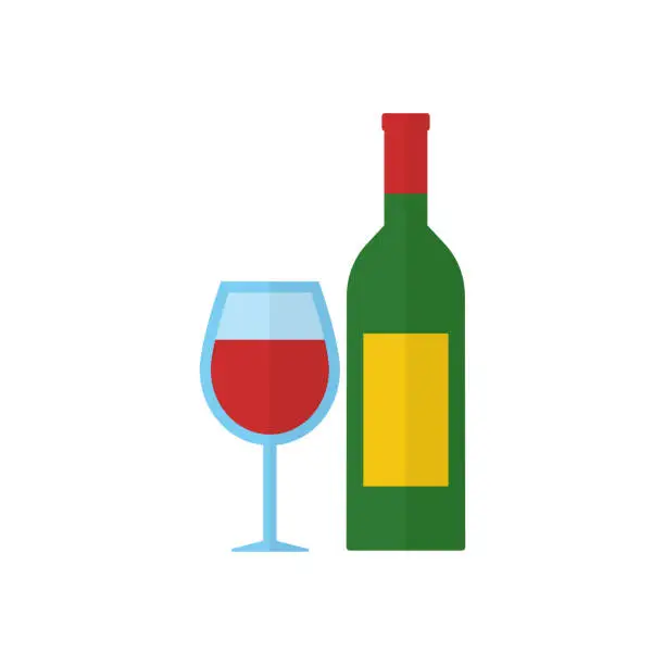 Vector illustration of Wine bottle & glass flat design icon.