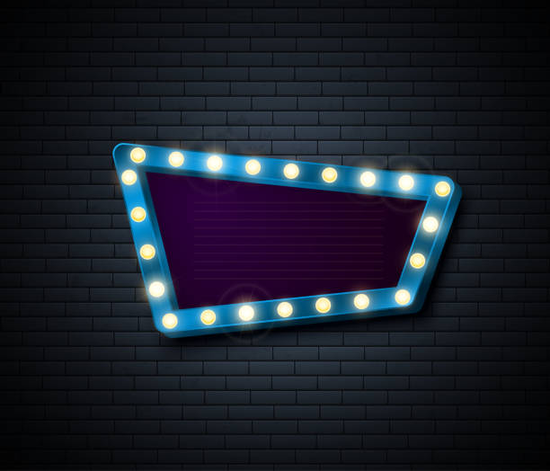 istock Retro Sign. Signboard with shiny lights. Show advertising isolated on brick wall. Vector illustration 1177884665