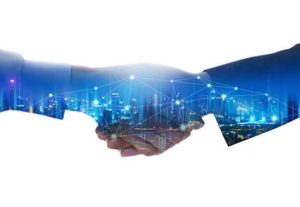 istock Business man handshake and network connection city graphic 1177885266