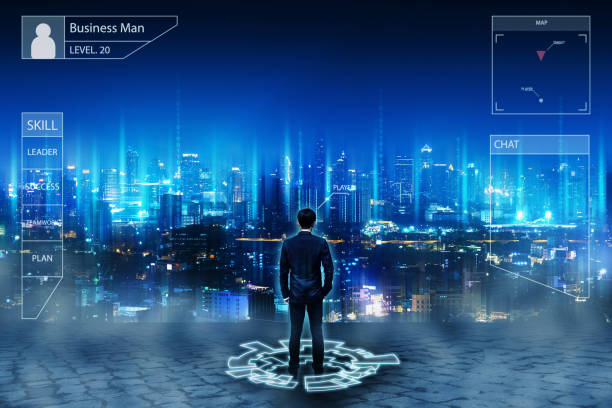 Business man with game online interface and network city