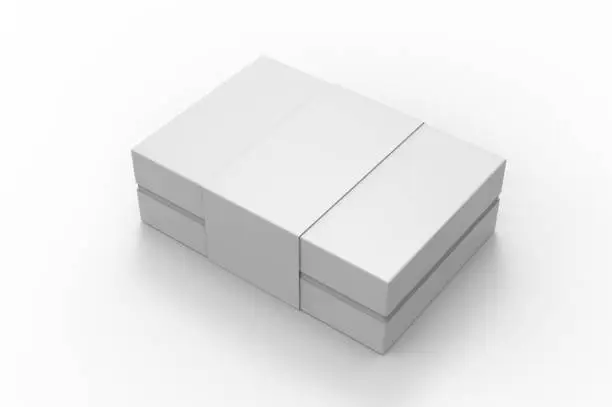 Photo of White blank luxury rigid box with inner foxing for branding presentation and mock up, 3d illustration.