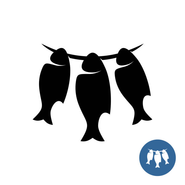 ロープエレガントなスタイルのロゴに乾燥魚。喫煙やぎくしゃくのための3つの吊り魚のシンボル。 - stockfish点のイラスト素材／クリップアート素材／マンガ素材／アイコン素材