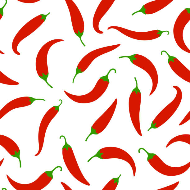 Chilli peppers seamless pattern Chilli peppers seamless pattern. Hot mexican red chilly pepper background on white for food menu and market appetizer design, heat vegetables vector wallpaper chili pepper pattern stock illustrations