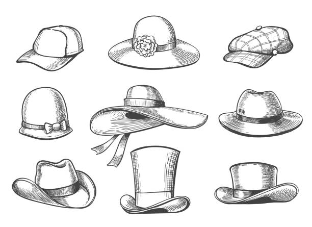 Hats sketch graphics Hats sketch graphics. Hand drawn hats, cap images isolated on white background, doodle vector headdress for ladies and gentlemen bowler hat stock illustrations