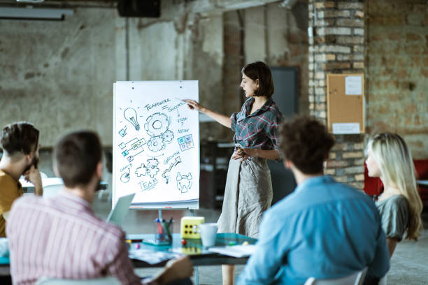 istock Young creative woman analyzing business plans with her team during presentation in the office. 1177890927