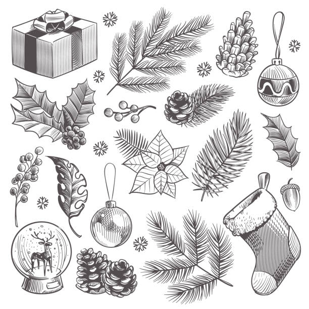 illustrazioni stock, clip art, cartoni animati e icone di tendenza di set di natale per la decorazione dello schizzo. regalo vintage disegnato a mano di natale e agrifoglio, giocattoli e set di doodle vettoriale isolato per la calsatura delle vacanze - vector holly christmas art