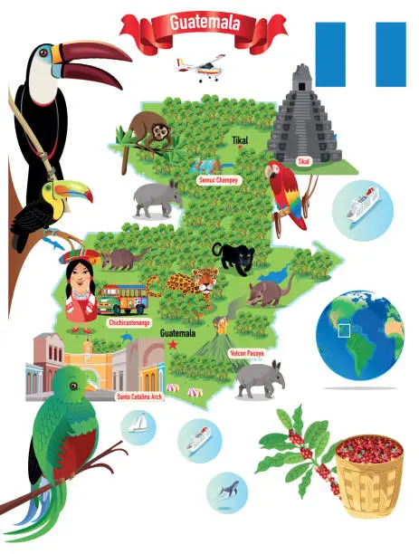 Vector illustration of Cartoon map of Guatemala, Semuc Champey, Tikal, Chichicastenango, Pavaya, Canta Catalina Arch, Chimaltenango, Chiquimula, Coatepeque, Cobán, Cuilapa, Escuintla, Esquipulas, Flores, Guatemala City, Huehuetenango, Jalapa, Jutiapa, Mazatenango, Mixco, Puerto