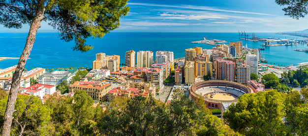 Panoramic sight in Malaga on a summer day. Andalusia, Spain.