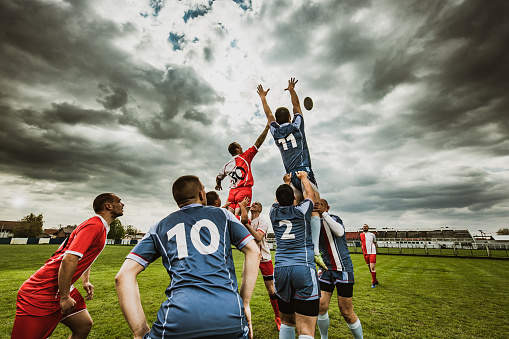 Back view of large group of athletes playing rugby match on a field while two players are held high up by their teammates. Copy space.