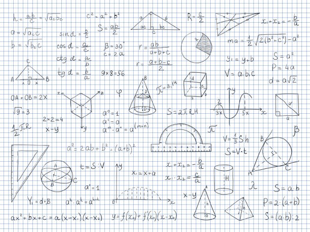 塗鴉數學。物理和幾何公式結束方程、學校科學圖和三角學。向量手繪數學符號 - 三角 插圖 幅插畫檔、美工圖案、卡通及圖標