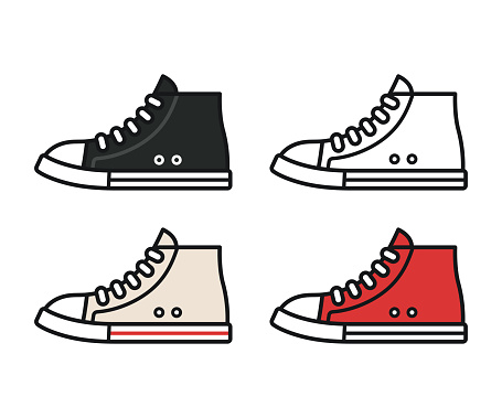 Sneakers line icon set. Black, red and white canvas shoes. Simple isolated vector illustration.