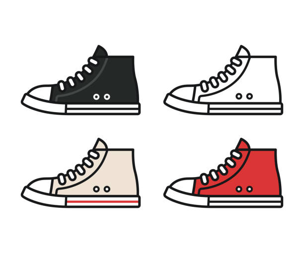 Sneakers icon set Sneakers line icon set. Black, red and white canvas shoes. Simple isolated vector illustration. sneakers stock illustrations
