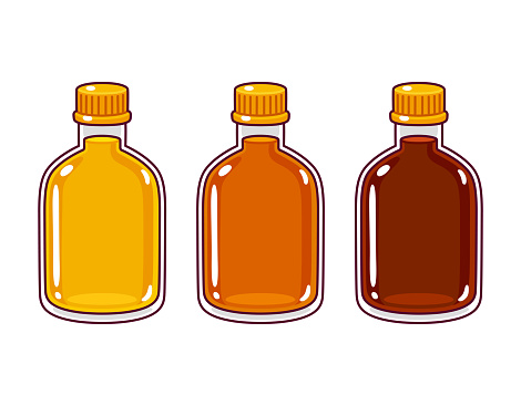 Three cartoon bottles, different kinds of syrup or liquor. Cute cartoon hand drawn style vector illustration.