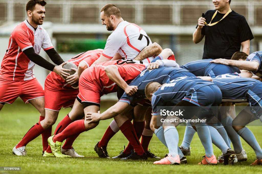Scrum action on rugby match! Large group of rugby players in scrum during match on playing field. Rugby - Sport Stock Photo