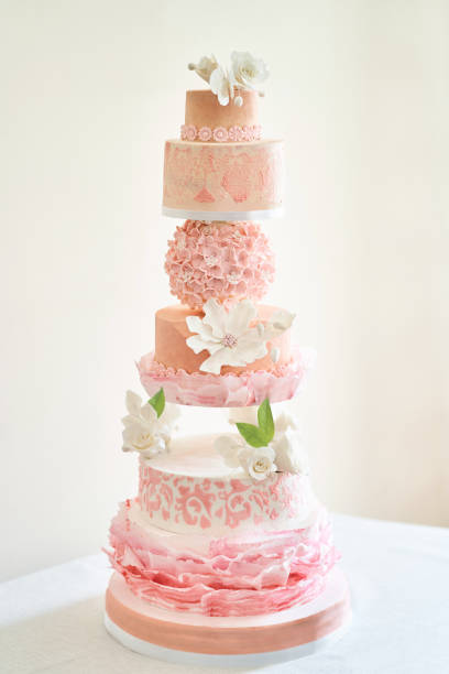 istock Big layered cake show. Pink cake with white roses 1177897156