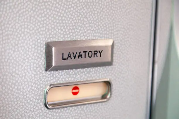 Photo of Vacant red sign, occupied symbol on an airplane lavatory door. Raised, brushed metal lavatory sign, recessed plastic vacant sign. Toilet room, wc, closet on airplane board