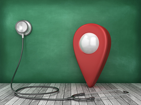 Stethoscope with GPS Marker on Chalkboard Background - 3D Rendering