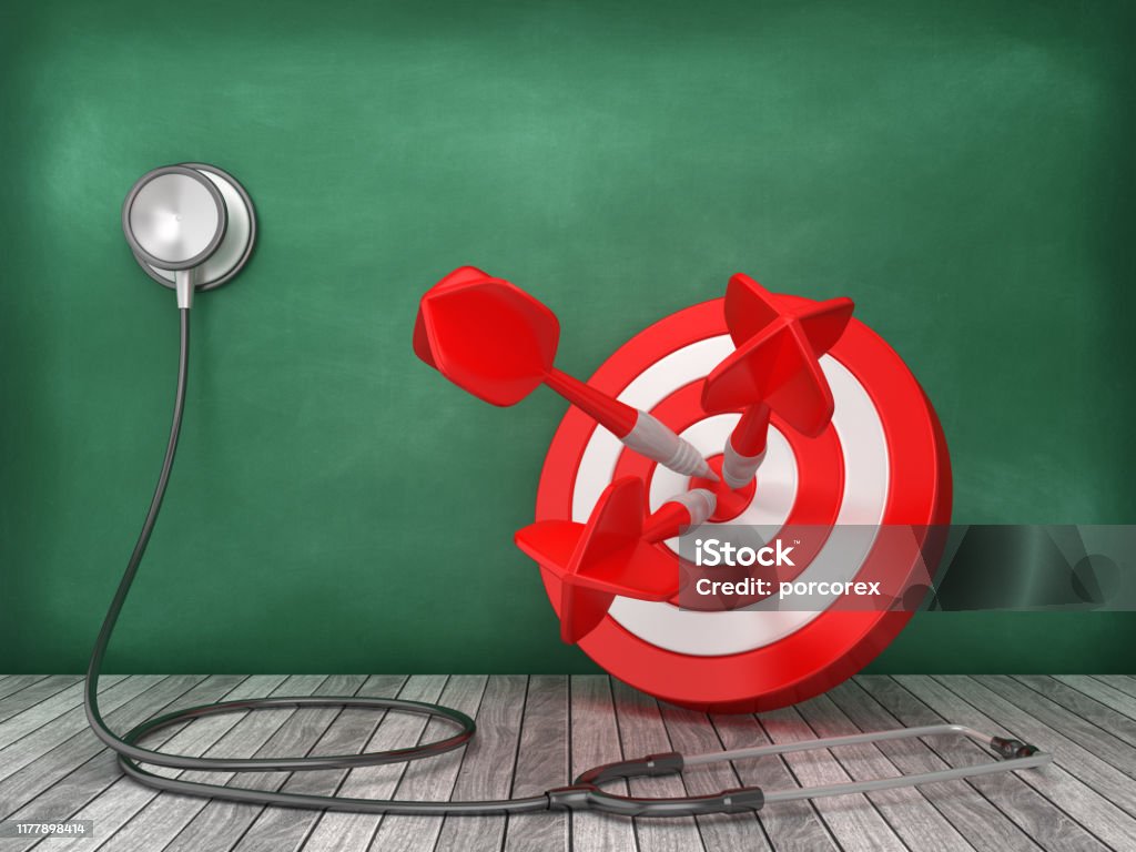 Stethoscope with Target on Chalkboard Background - 3D Rendering Accuracy Stock Photo