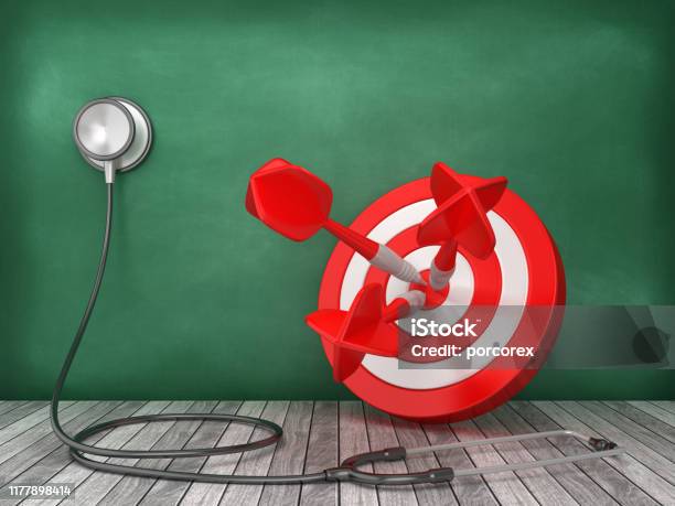 Stethoscope With Target On Chalkboard Background 3d Rendering Stock Photo - Download Image Now