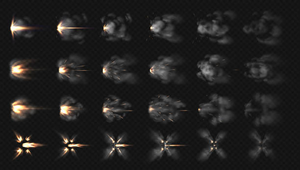 illustrations, cliparts, dessins animés et icônes de effets flash de pistolet. effets spéciaux réalistes étapes des nuages de fumée et de tir de fusil de chasse, flash museau et exploser. ensemble isolé de vecteur - computer shooting handgun gun