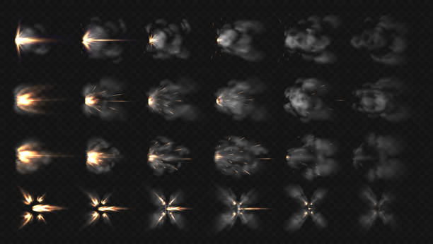 Gun flash effects. Realistic special effects steps of smoke clouds and shotgun fire, muzzle flash and explode. Vector isolated set Gun flash effects. Realistic special effects steps of smoke clouds and shotgun fire, muzzle flash and explode. Vector illustration isolated set concept firing on transparent background flash photos stock illustrations
