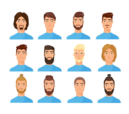 Male faces flat vector illustrations set. Cartoon men characters pack. Trendy appearance changing concept. People portraits, cliparts collection on white background isolated drawing