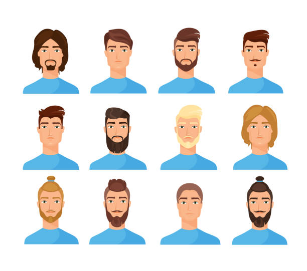 Male Faces Flat Vector Illustrations Set Stock Illustration - Download  Image Now - Men, Long Hair, Beard - iStock