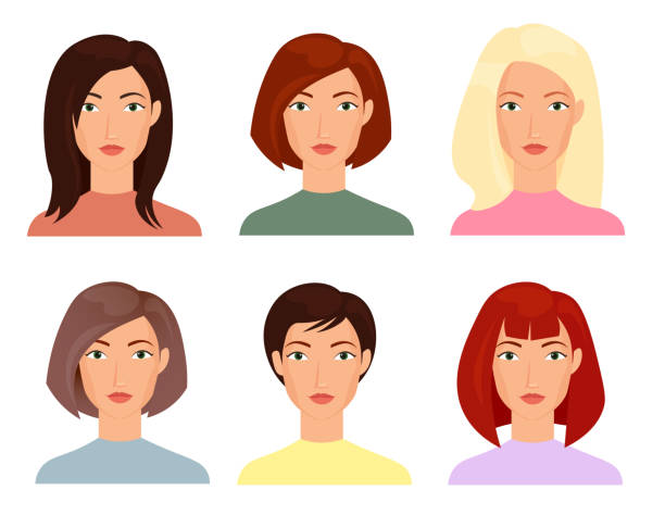 Female faces flat vector illustrations set. Blonde, brunet women with short and long trendy haircuts cartoon characters pack. People portraits, cliparts collection on white background isolated drawing. Female faces flat vector illustrations set. Blonde, brunet women with short and long trendy haircuts cartoon characters pack. People portraits, cliparts collection on white background isolated drawing blond hair illustrations stock illustrations