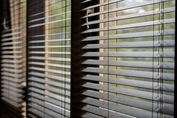 istock Office blinds. Modern wooden jalousie. Office meeting room lighting range control. 1177900152