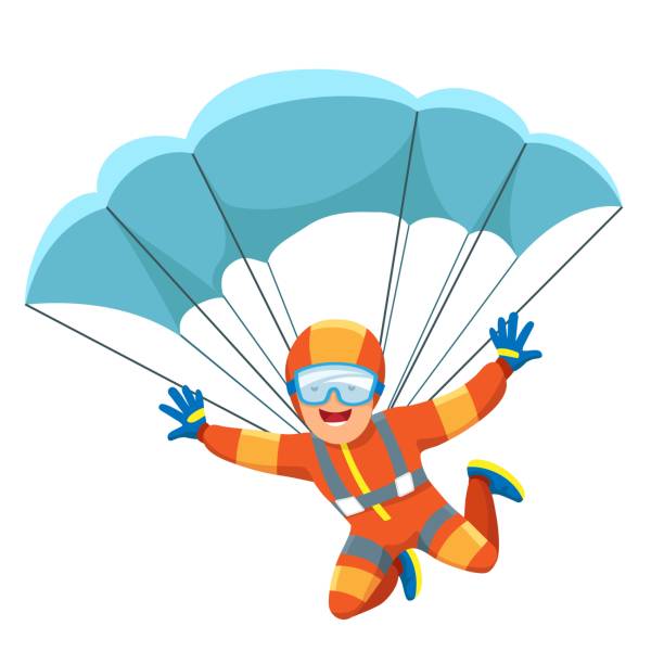 Parachute skydiver icon Parachute skydiver. Caucasian sky diving man vector illustration, parachuter or parachutist, flying man activities skydiving stock illustrations
