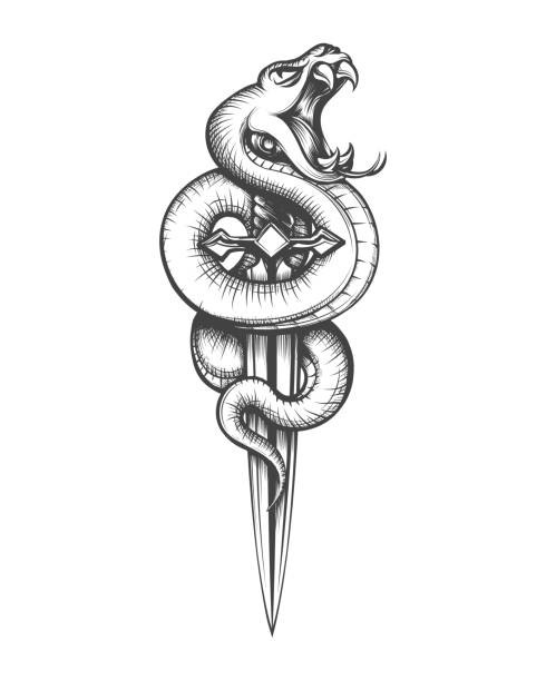 illustrazioni stock, clip art, cartoni animati e icone di tendenza di serpente su tatuaggio pugnale - snake rattlesnake poisonous organism fang
