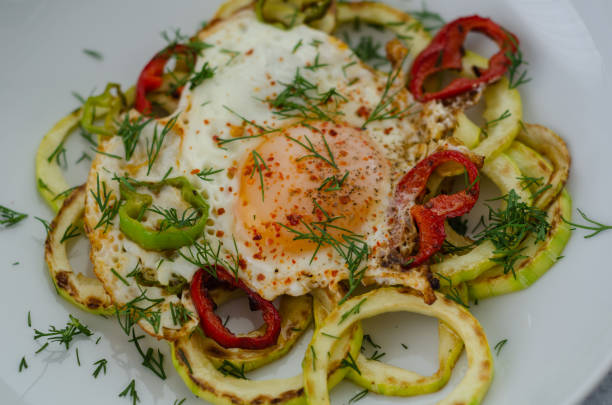 istock Healthy breakfast with fried egg and pepper  on grilled zucchini. 1177901250