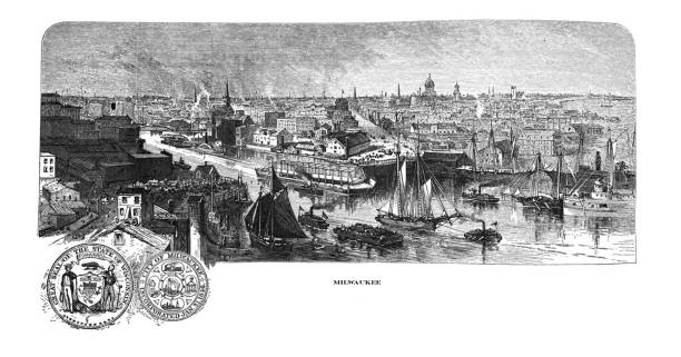 Antique illustration - 1878 Geography - View of Milwaukee Antique illustration настой пчелиного подмора stock illustrations