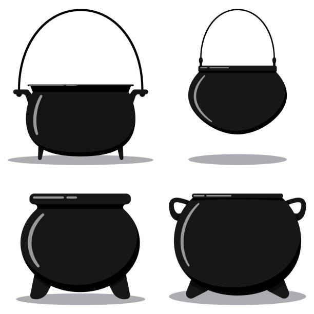 flat designcartoon stylu ilustracji wektor zestaw czarny żeliwny pusty garnek do gotowania, kocioł kempingowy, kocioł czarownica żelaza. - kettle foods stock illustrations