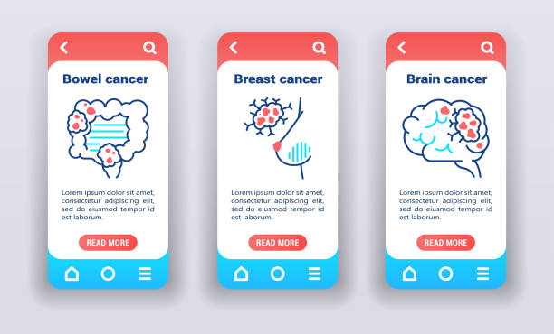 illustrazioni stock, clip art, cartoni animati e icone di tendenza di neoplasia maligna, metastasi su schermi di onboarding dell'app mobile. modello gui interfaccia utente utente - technology digital display digitally generated image brain