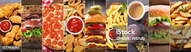Collage Of Various Fast Food Meals And Drinks Stock Photo - Download Image Now - Fast Food Restaurant, Pizza, Burger