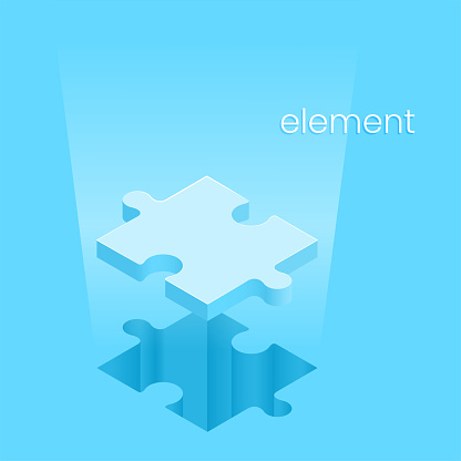 isometric vector image on a blue background, puzzle piece flying out of a hole, business element