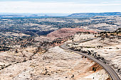 High angle aerial view of winding curve on road highway 12 scenic byway from head of the rocks overlook in Grand Staircase Escalante National Monument in Utah