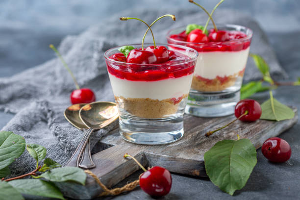 istock Cheesecake with cherry jelly in a glass close-up. 1177910686