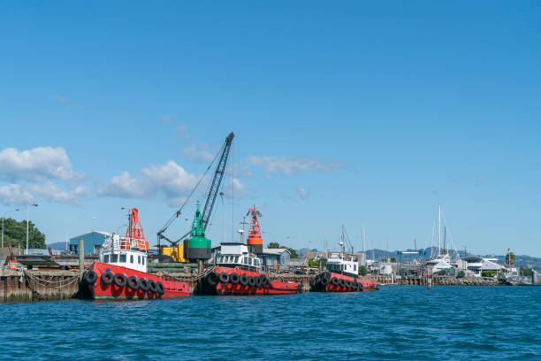 istock Three red harbor maintenance boats alongside dock 1177910803