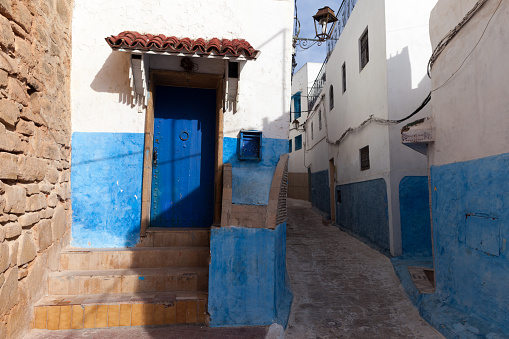 Moroccan houses in a traditional medina (old village). Typical colors are blue for the maghreb area.