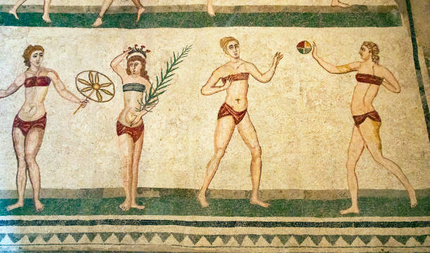 Ancient roman bikini mosaic in Piazza Armerina, Sicily stock photo