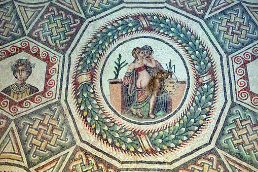 Famous mosaic from Villa romana del Casale in Piazza Armerina, Italy