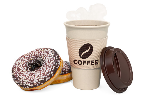 Coffee with chocolate donuts, 3D rendering isolated on white background