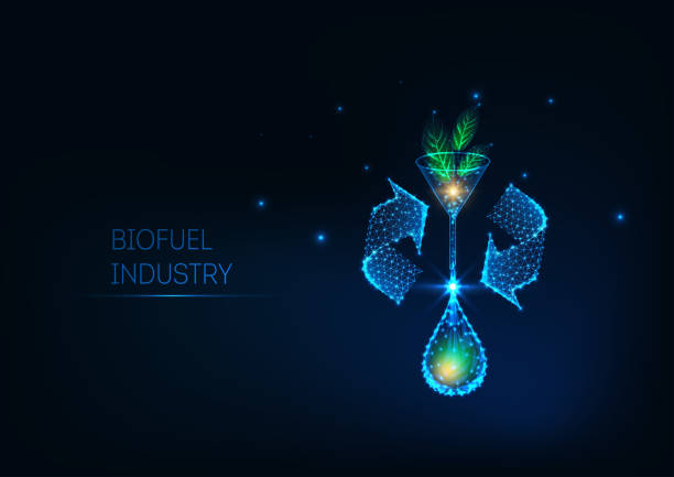 illustrazioni stock, clip art, cartoni animati e icone di tendenza di concetto futuristico dell'industria dei biocarburanti con foglie verdi poligonali basse incandescenti, imbuto e goccia d'olio. - biofuel