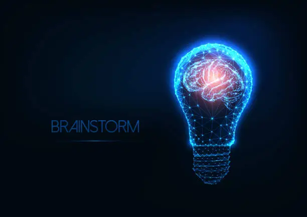 Vector illustration of Brainstorm concept with futuristic glowing low polygonal light bulb and human brain.